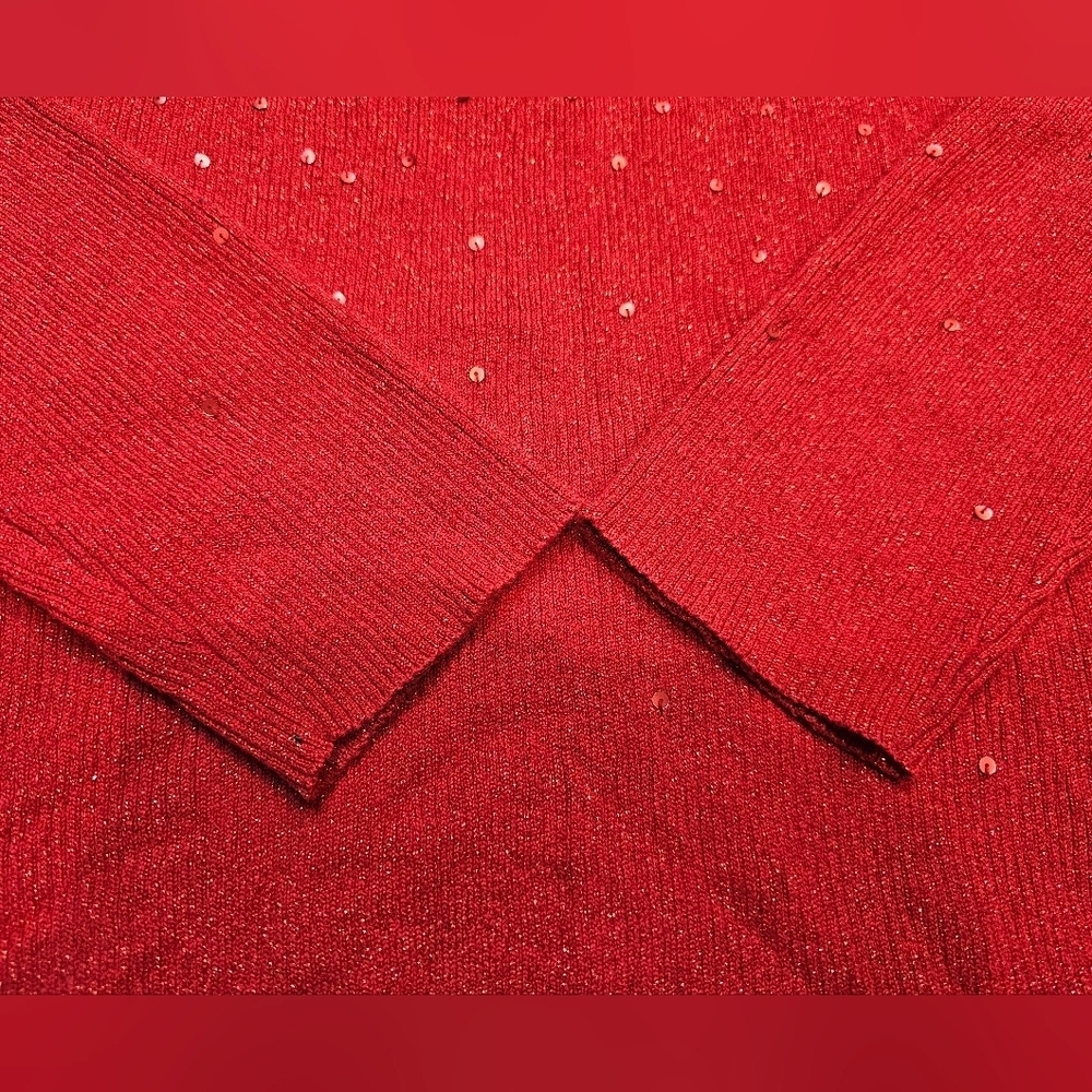 Red Sequin Sparkle Sweater Women’s Ribbed Metallic Knit Holiday Party Top M - Picture 3 of 10
